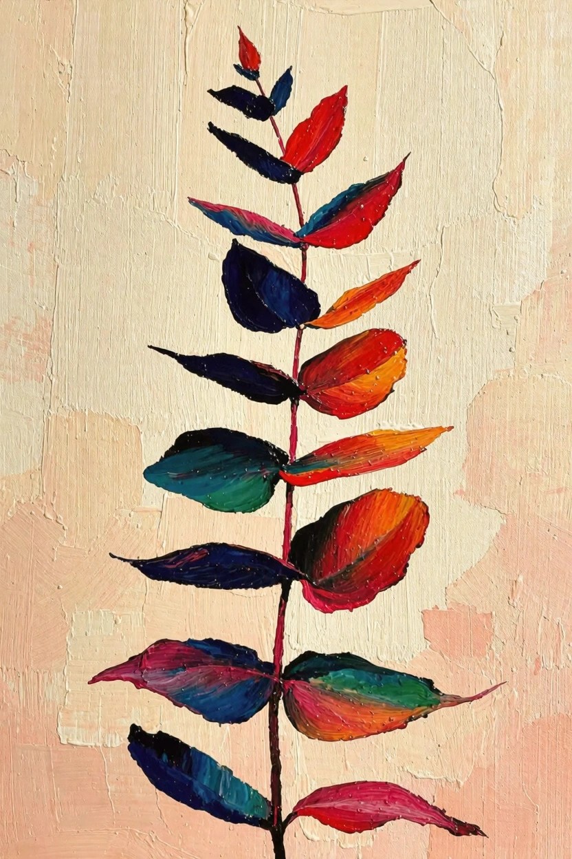 Vertical painting of a slender stem with broad leaves in blues, reds, oranges, greens, and purples on a textured beige background.