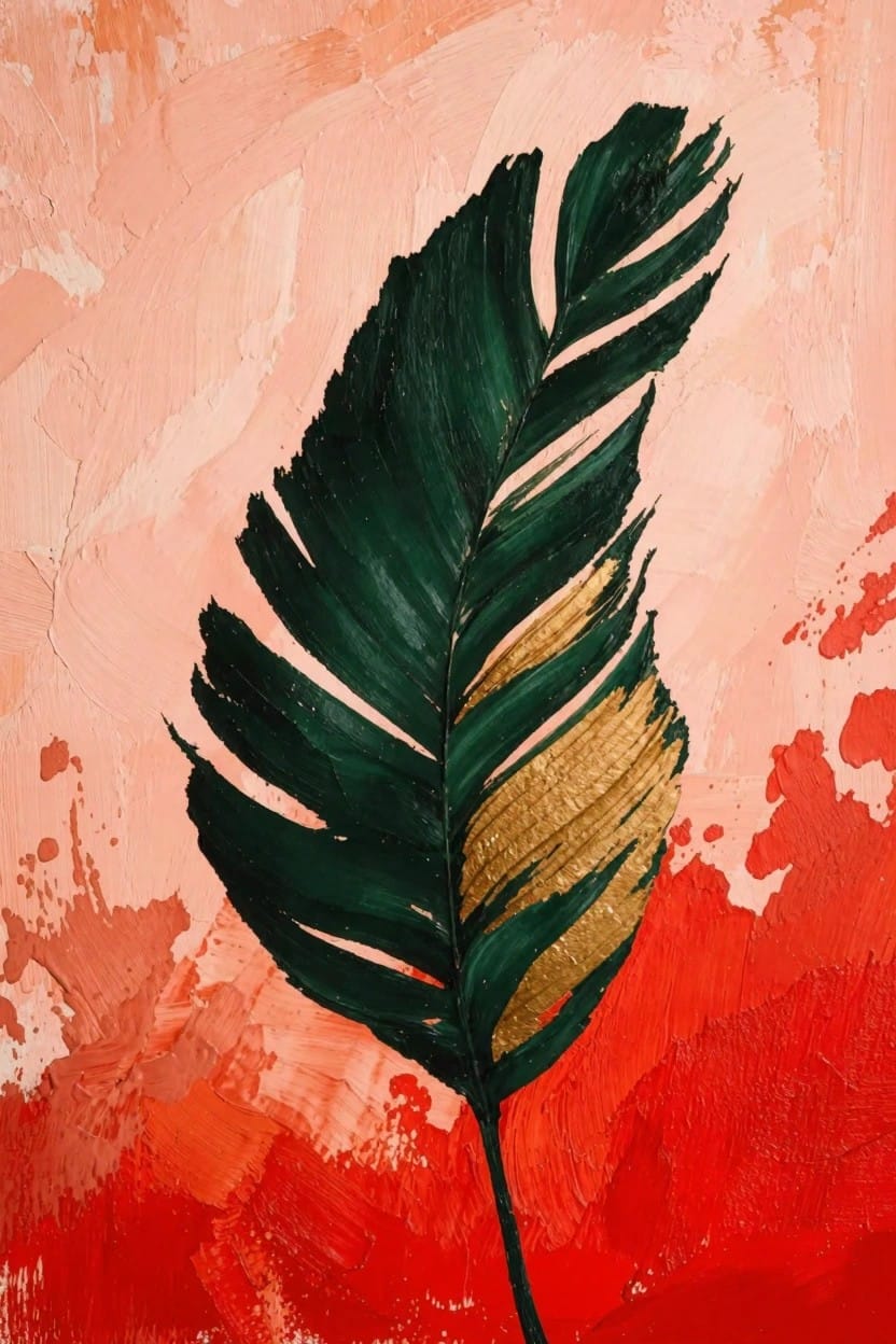 Dark green tropical leaf with gold vein accents on a textured pink-to-red gradient background.