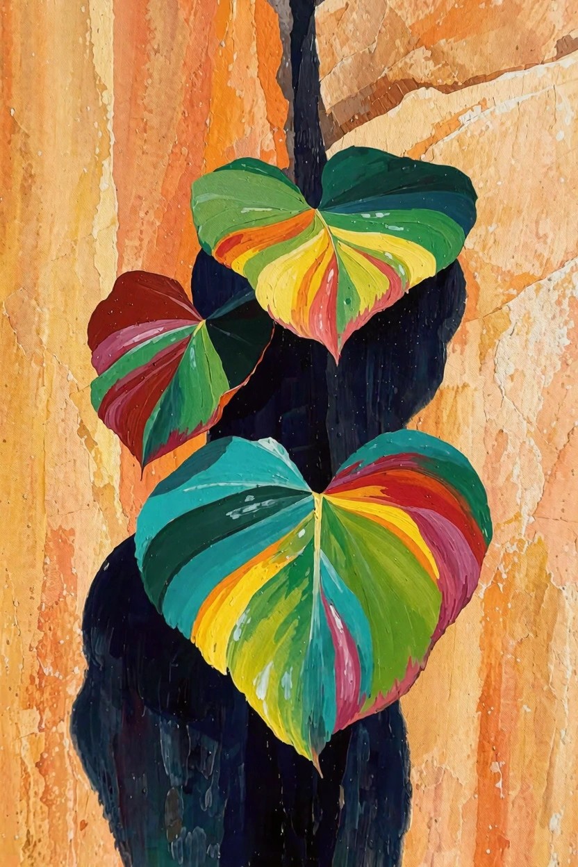 Vertical acrylic painting of three multicolored striped heart-shaped leaves against an orange textured rock background with black shadows.