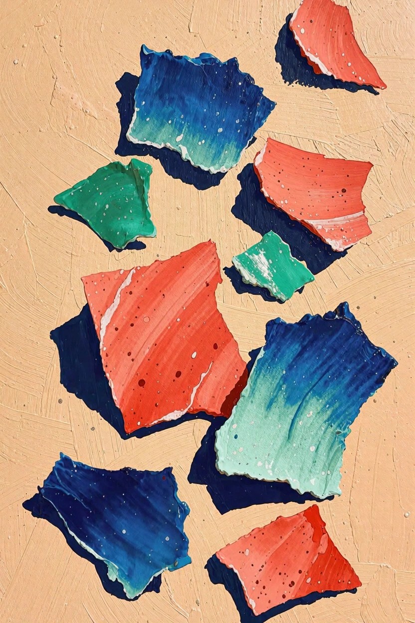 Colorful irregular shards in reds, blues, greens, and teals scattered on a beige sandy background with shadows.