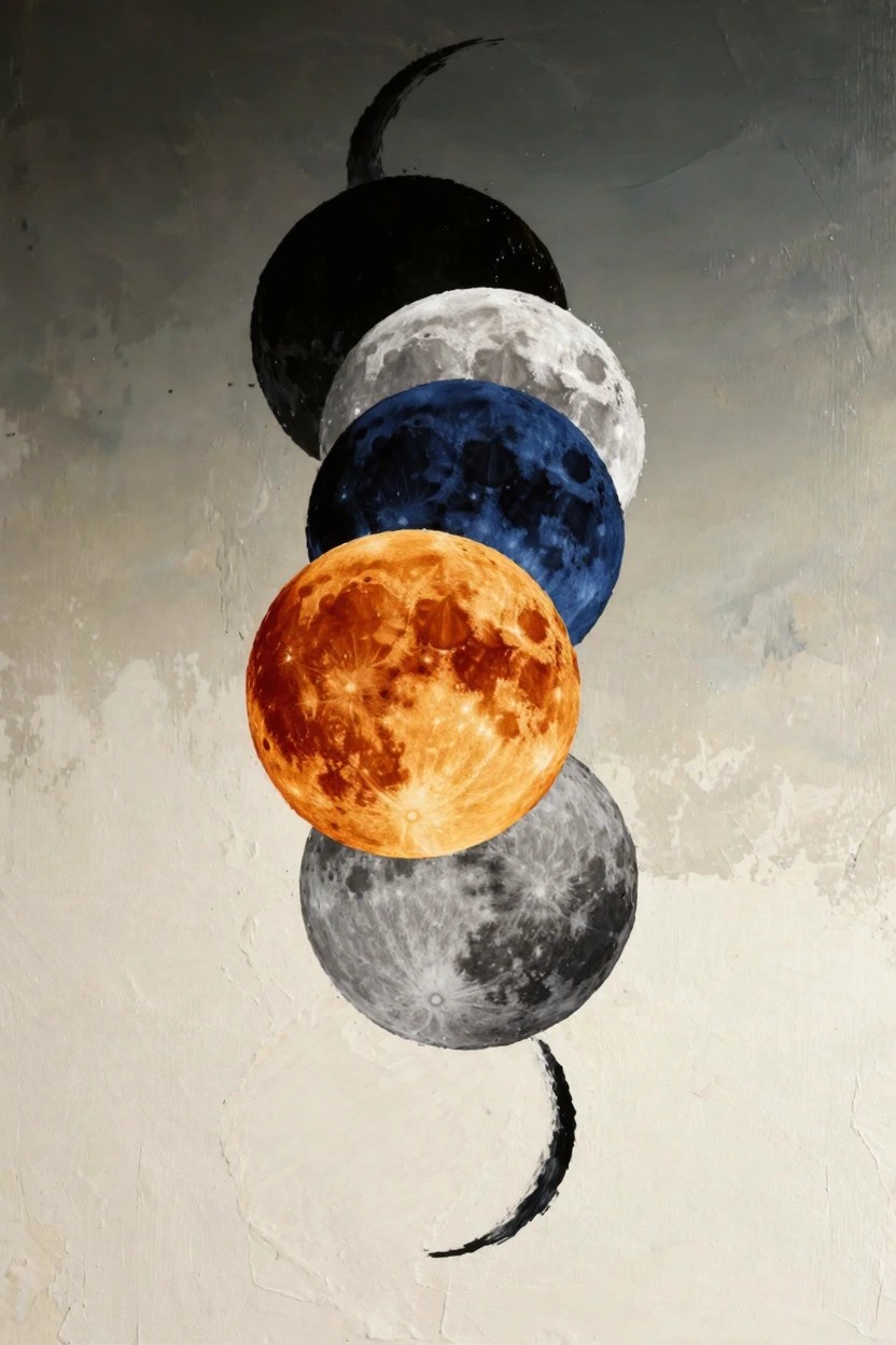 Vertical stack of six moons in black, white, blue, orange-red, and gray tones on a textured gray background with crescent shapes at top and bottom.