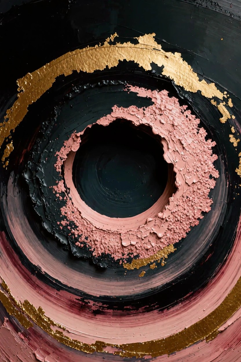 Abstract close-up of concentric textured rings in black, gold, and pink paint with a dark central void.