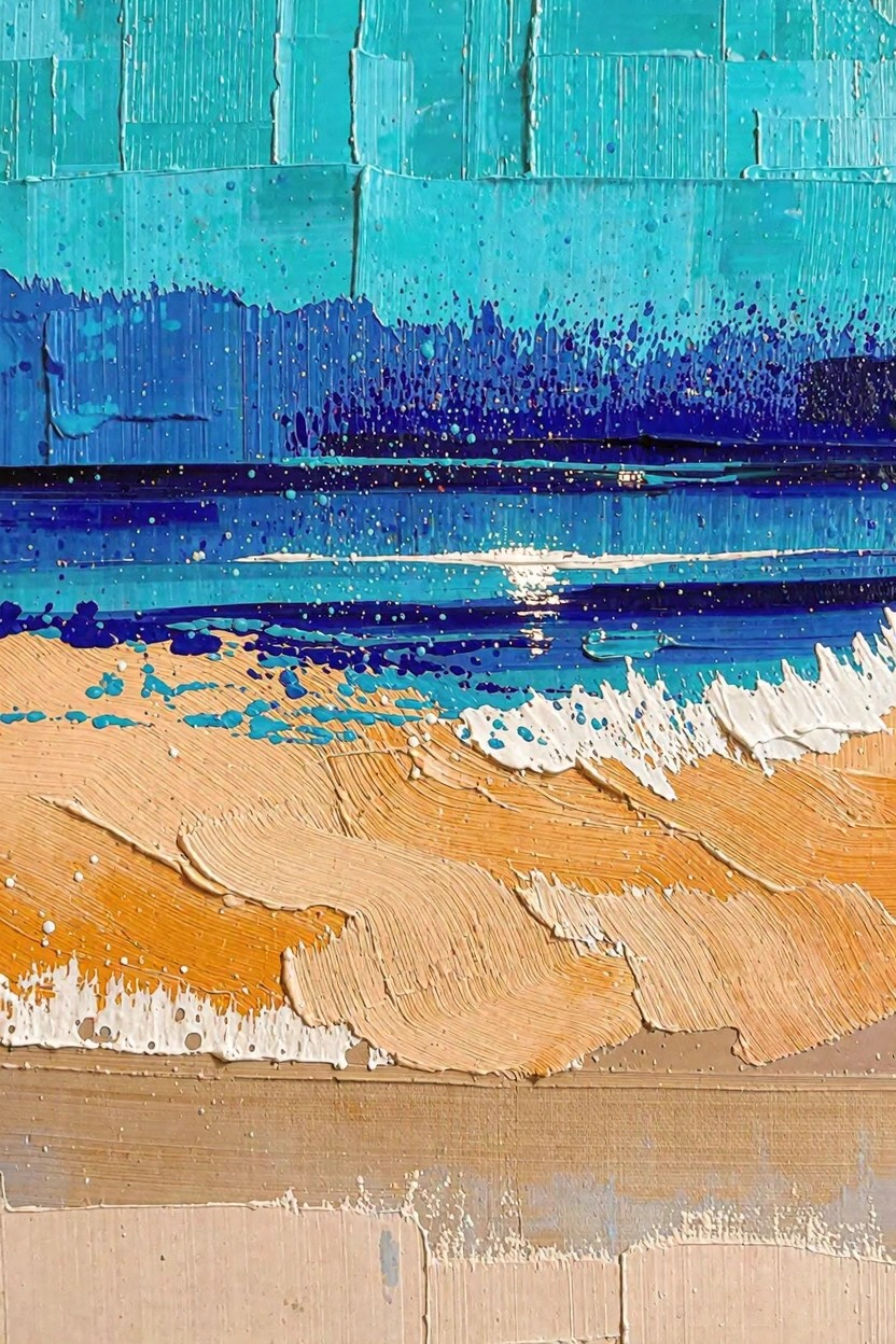Abstract painting with layered teal and blue ocean waves over textured orange and beige sandy beach.