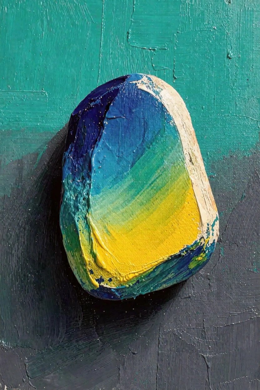 A blue-to-yellow gradient painted on a textured pebble shape against a green-to-gray background.