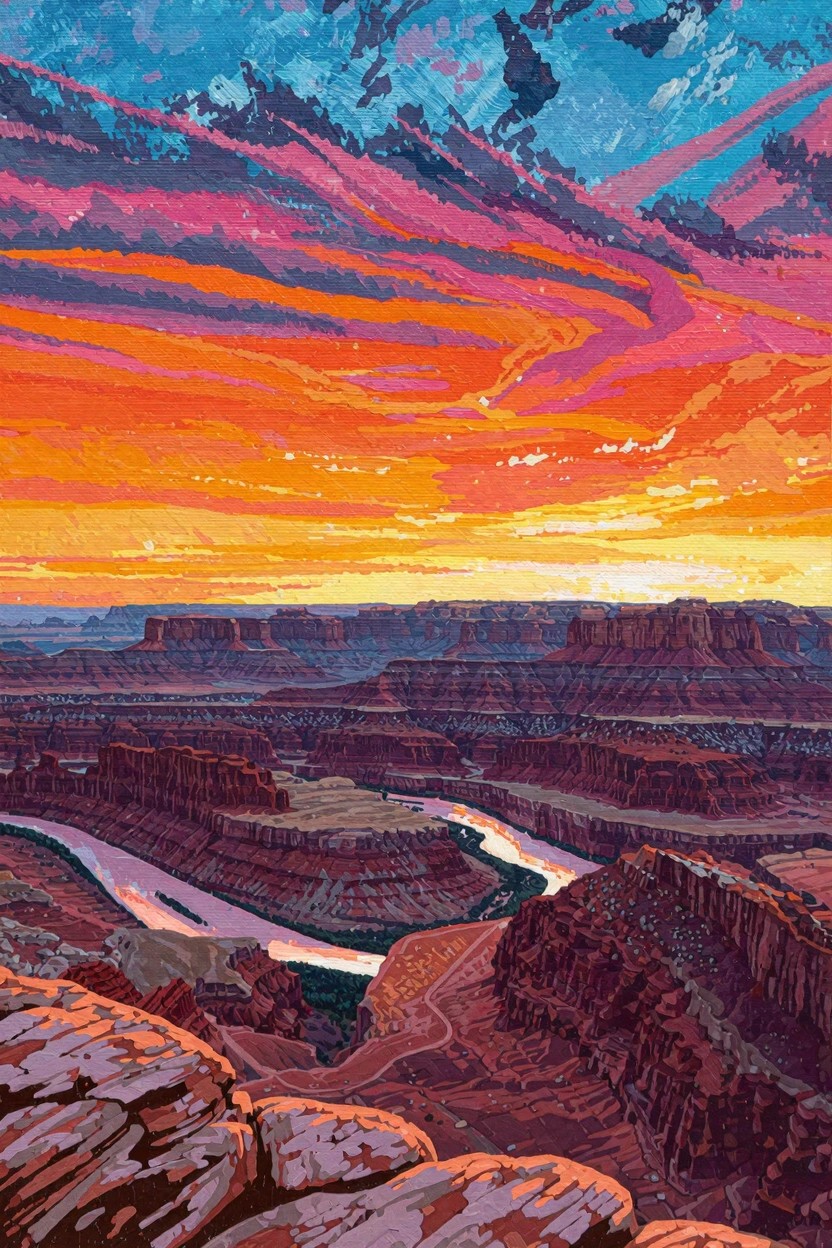 Stylized landscape painting of red rock canyons, winding river, and colorful sunset sky.