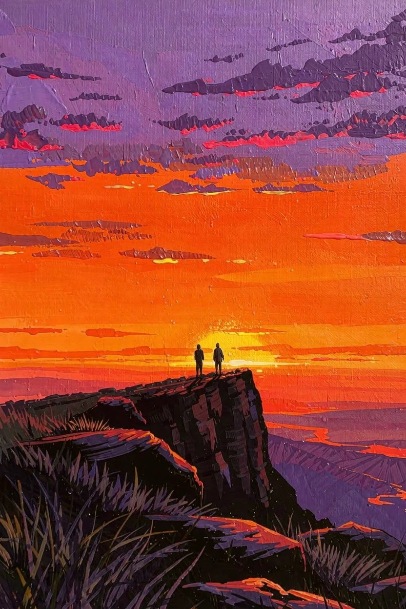 Two black silhouetted figures stand side by side on a grassy cliff edge overlooking mountains under a vibrant purple-to-orange sunset sky.