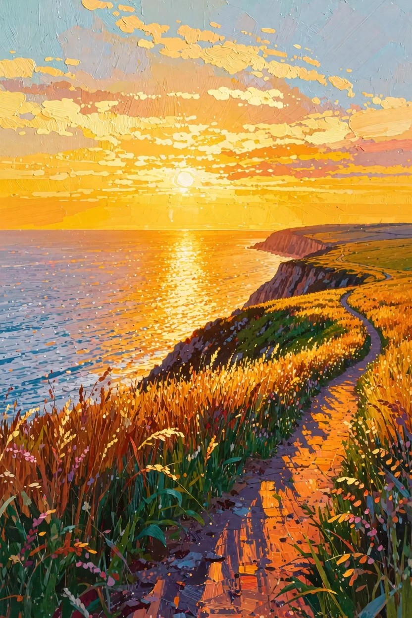 Vibrant painting of orange sunset over ocean with golden cliffs, grassy path along the edge, and sun reflection on water.