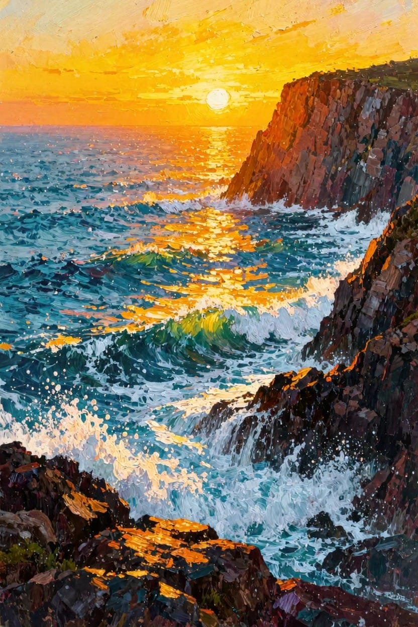 Vibrant painting of a large orange sun setting behind reddish cliffs with turquoise ocean waves crashing below.