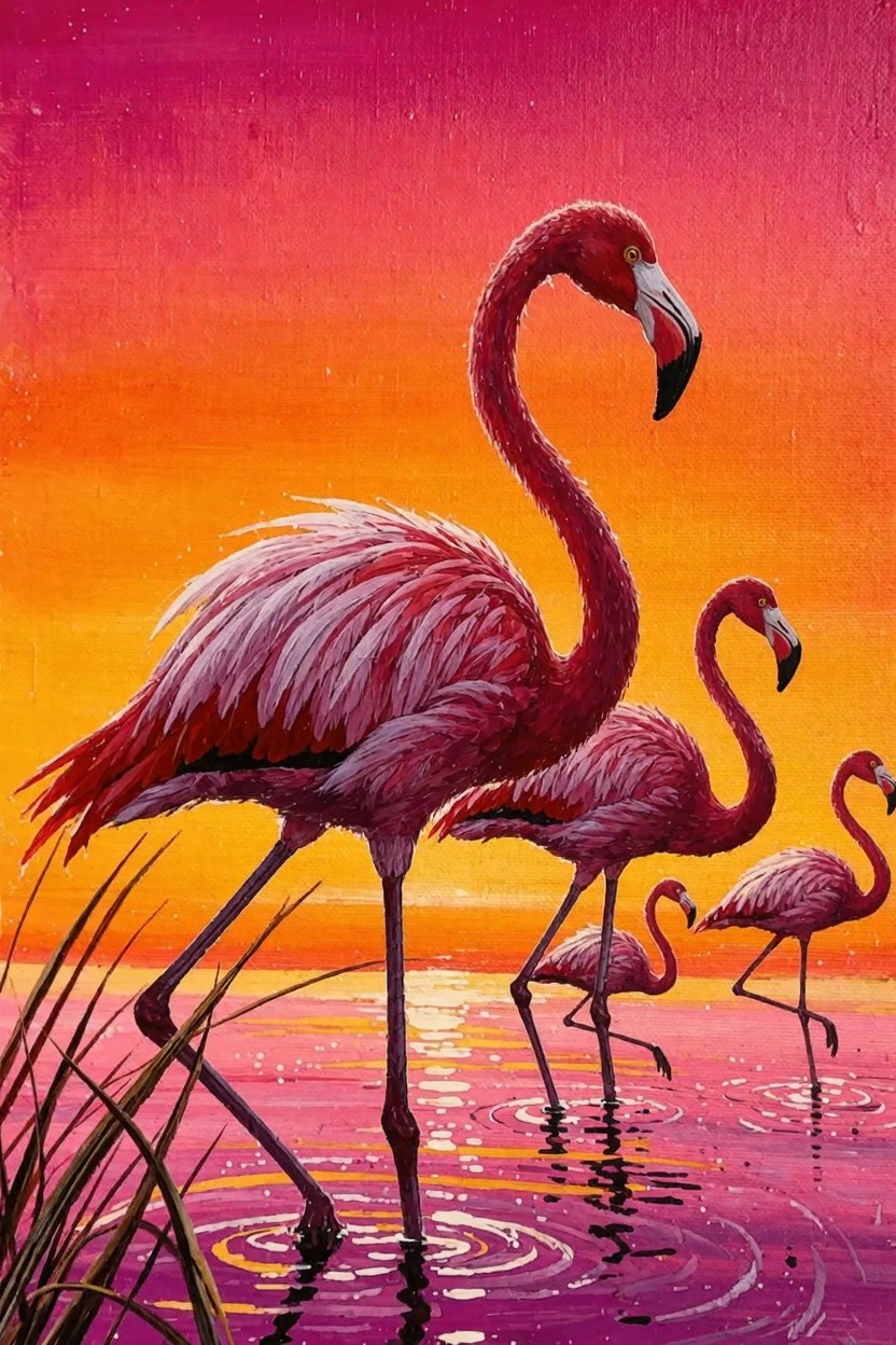Three pink flamingos wade in shallow pink-orange sunset water with reed accents and sky reflections.
