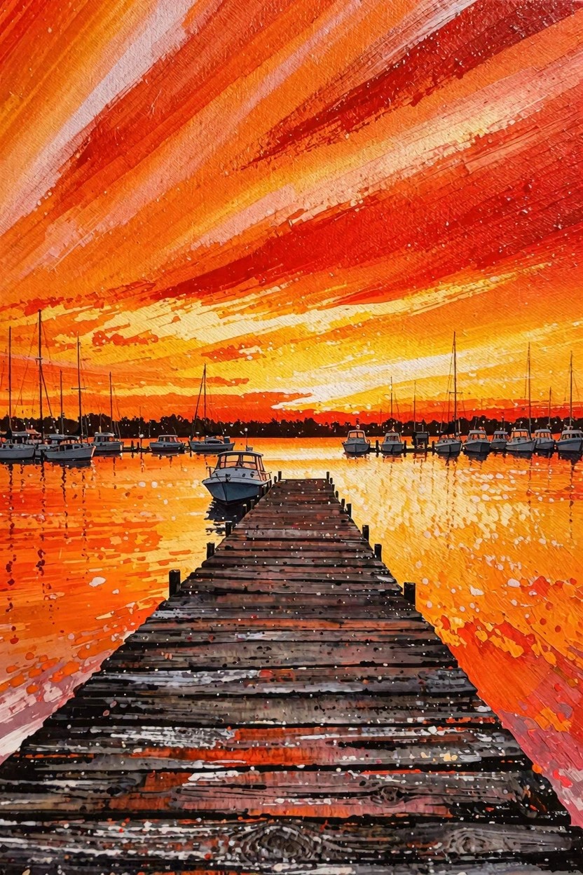 Vibrant orange and red acrylic painting of a sunset over a harbor marina with yacht masts, a wooden pier extending into reflective water.