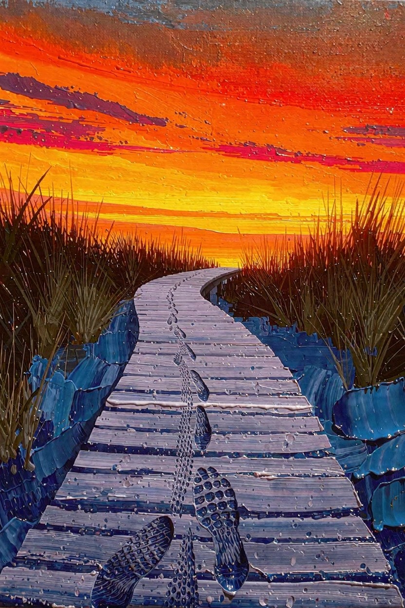 Painting of a gray boardwalk path with footprints curving through tall brown reeds toward a fiery orange sunset sky over blue water.