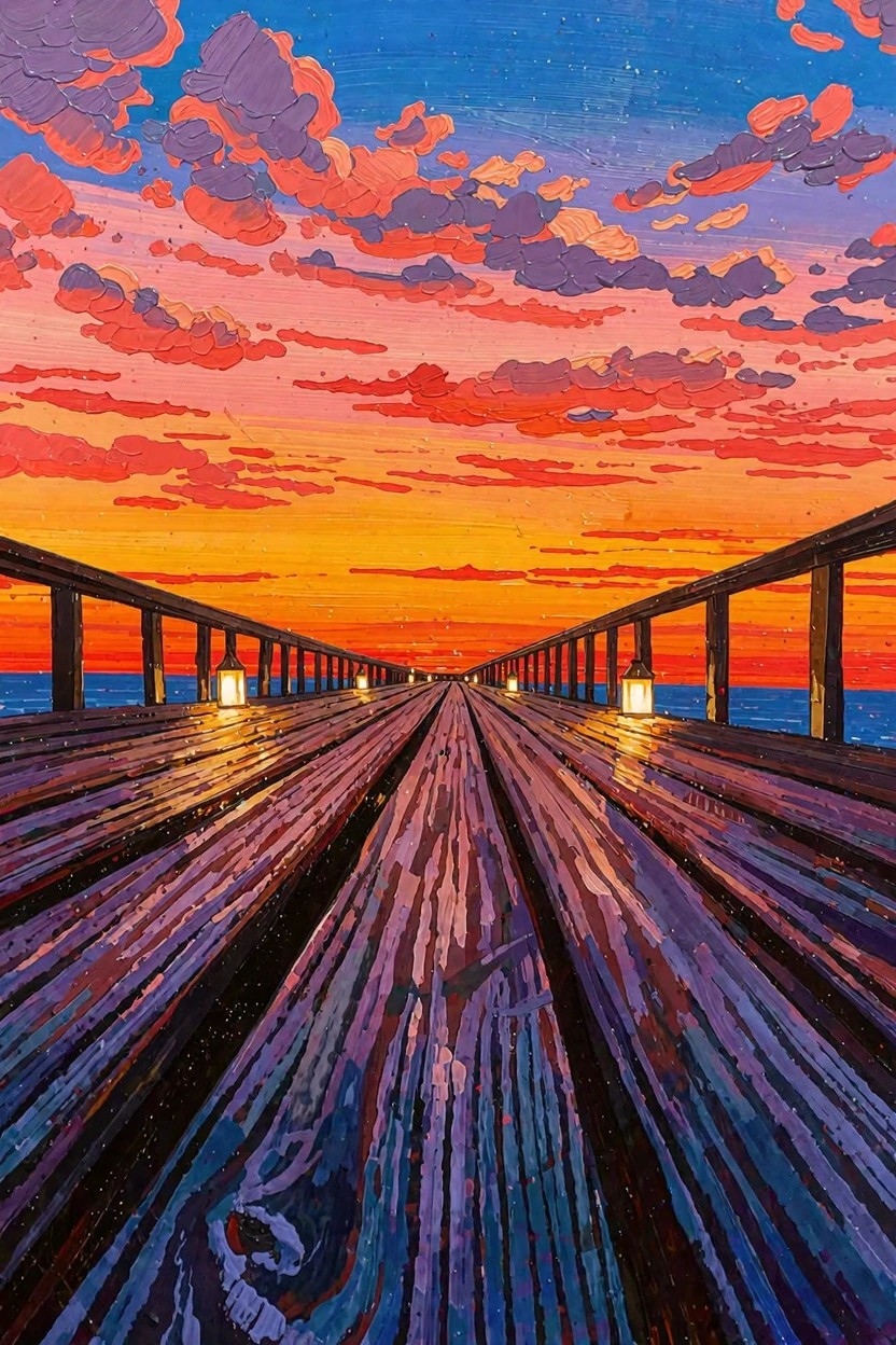 Colorful painting of a wooden pier with lanterns extending over ocean water toward a sunset sky in oranges, pinks, and purples.
