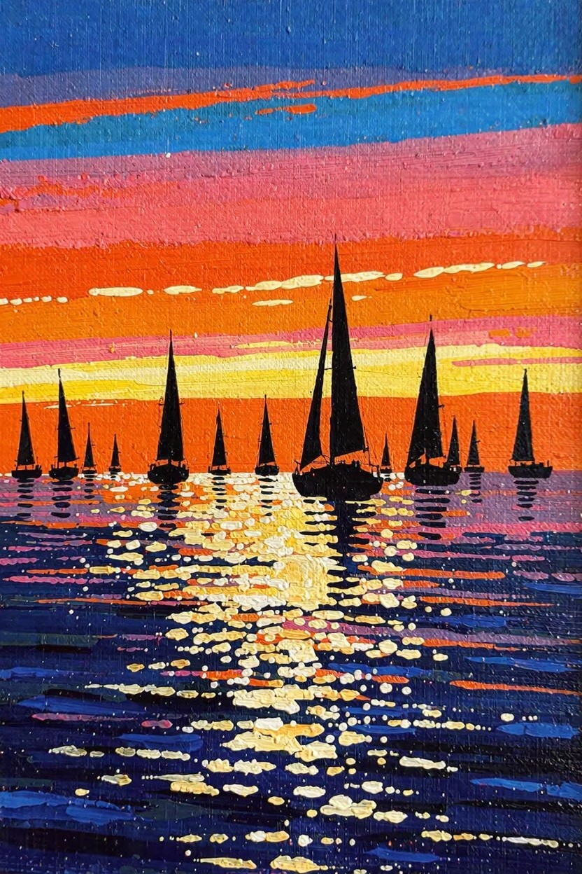 Black silhouetted sailboats float on reflective water beneath a horizontally striped sunset sky in blue, pink, orange, and purple.