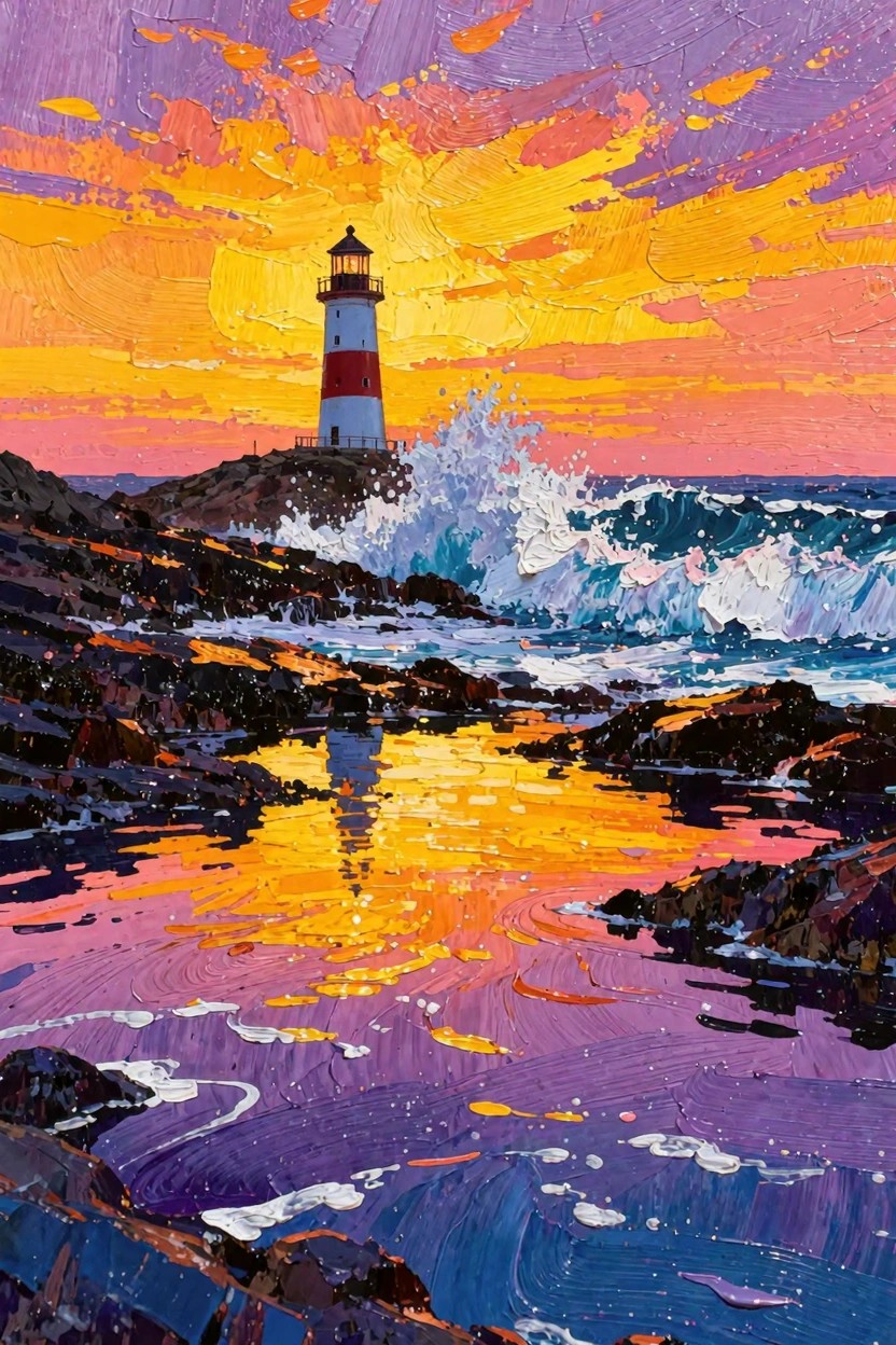Vibrant impasto acrylic painting of a red-and-white striped lighthouse on rocks at sunset with crashing ocean waves, colorful sky, and reflections in foreground pools.