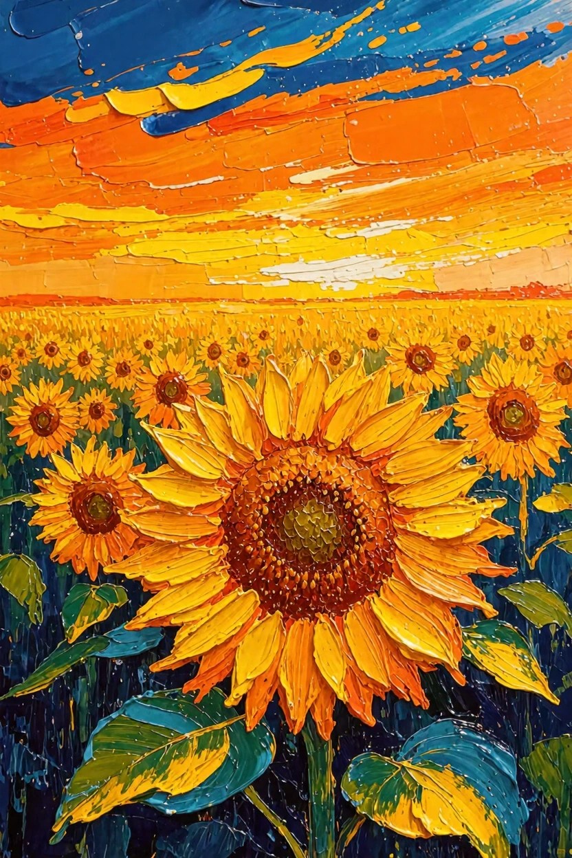 Impasto acrylic painting of sunflowers in a field under an orange-yellow sunset sky with textured brushstrokes.