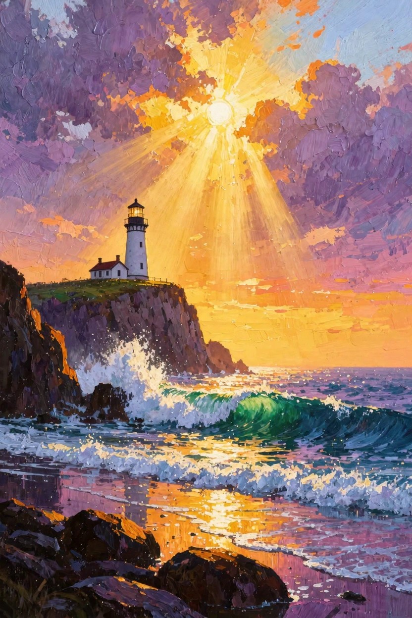 Vibrant painting of a white lighthouse with red roof on a cliff at sunset, golden rays through purple clouds over green waves and rocks.