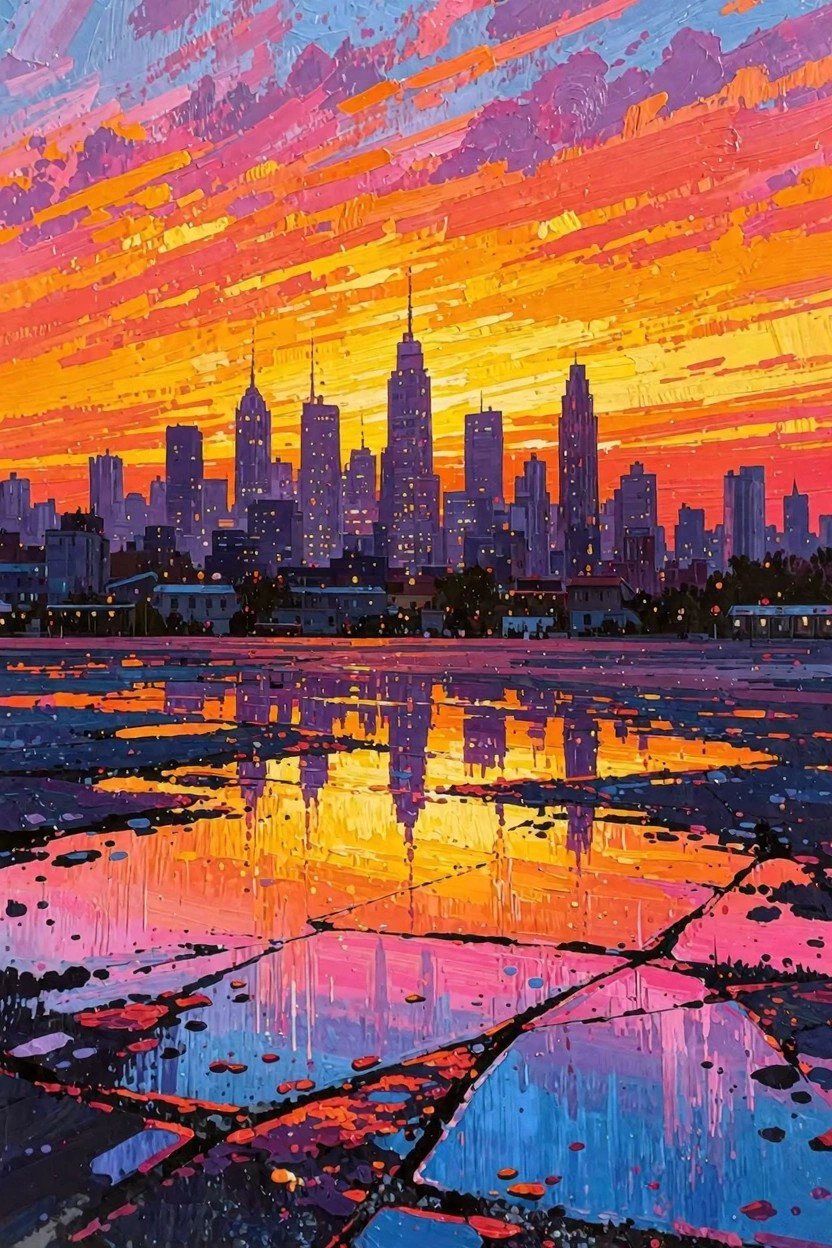 Vibrant impasto-style painting of a city skyline at sunset reflected in foreground puddles on a wet surface.