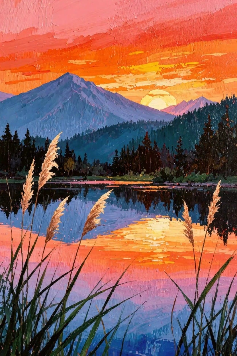 Acrylic impasto painting of orange-pink sunset over blue mountains reflected in a lake with green reeds in the foreground.