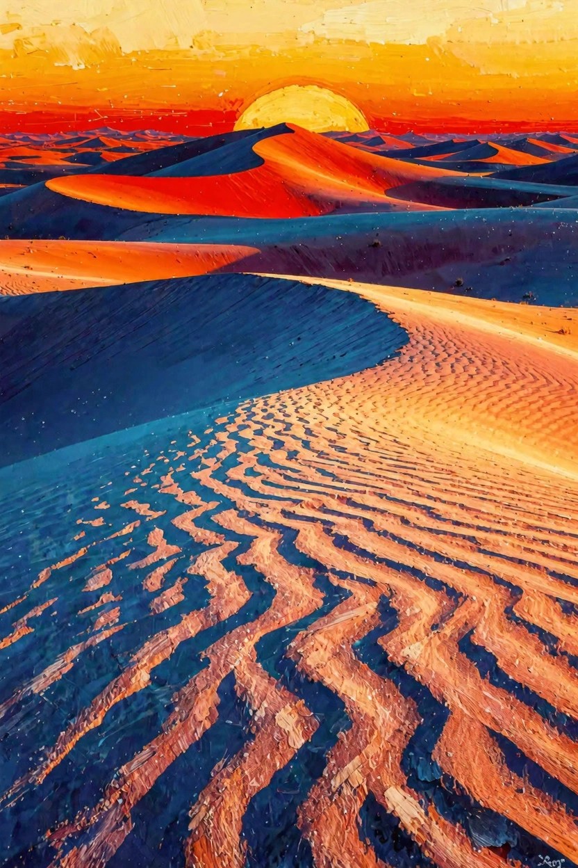 Vibrant acrylic-style painting of a large orange sun setting behind curved sand dunes in orange, red, and blue tones.