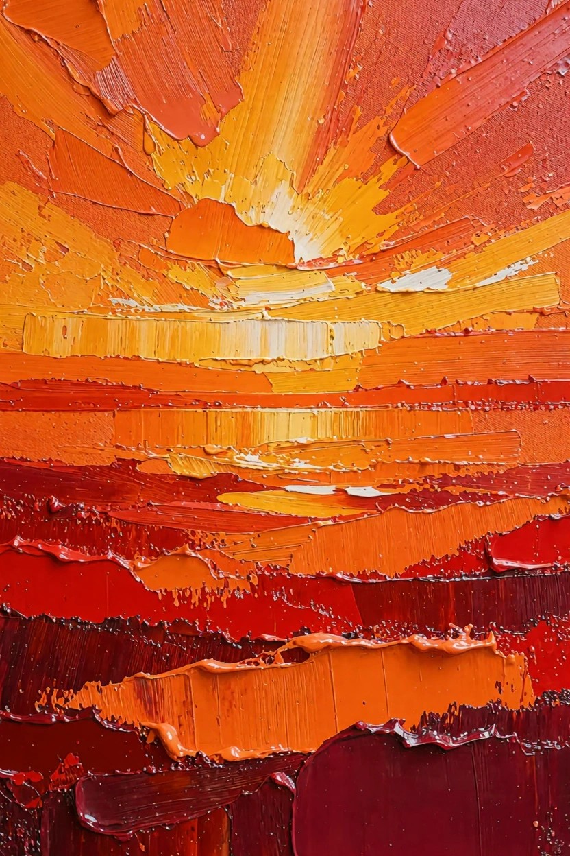 Abstract vertical impasto painting of a sunset in layered oranges, yellows, and reds with a central glowing highlight.
