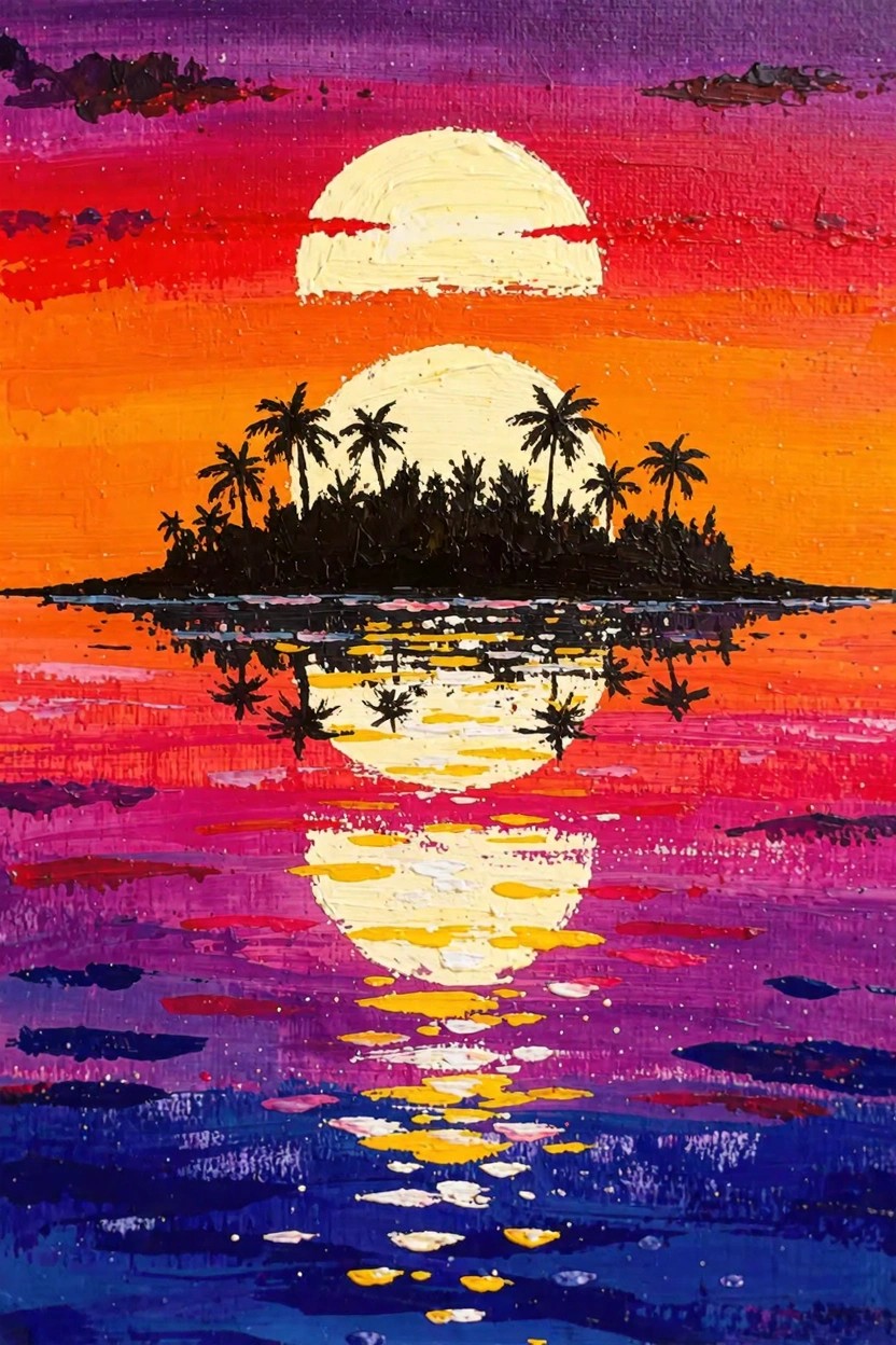 Acrylic painting of a large orange sun setting over a small island with black palm trees, reflected in colorful water below.