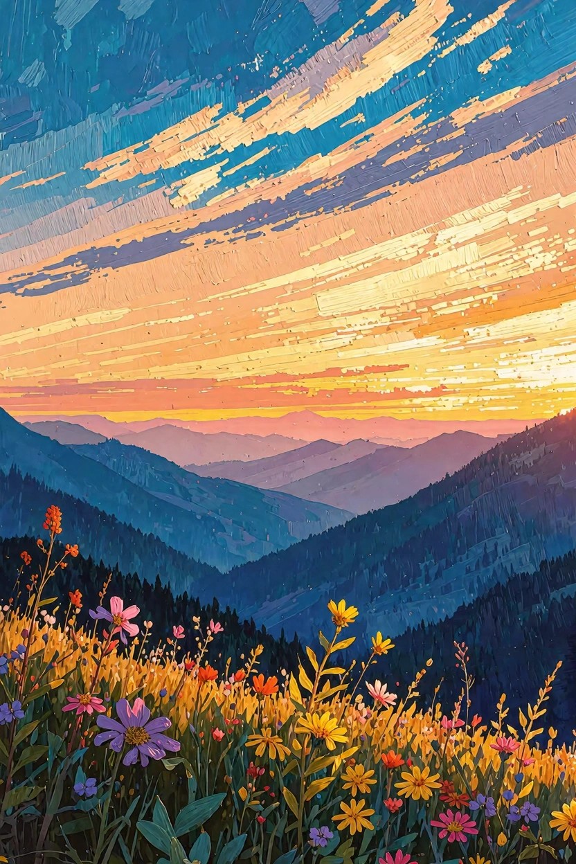 Stylized painting of orange sunset over blue layered mountains with colorful wildflowers in the foreground meadow.