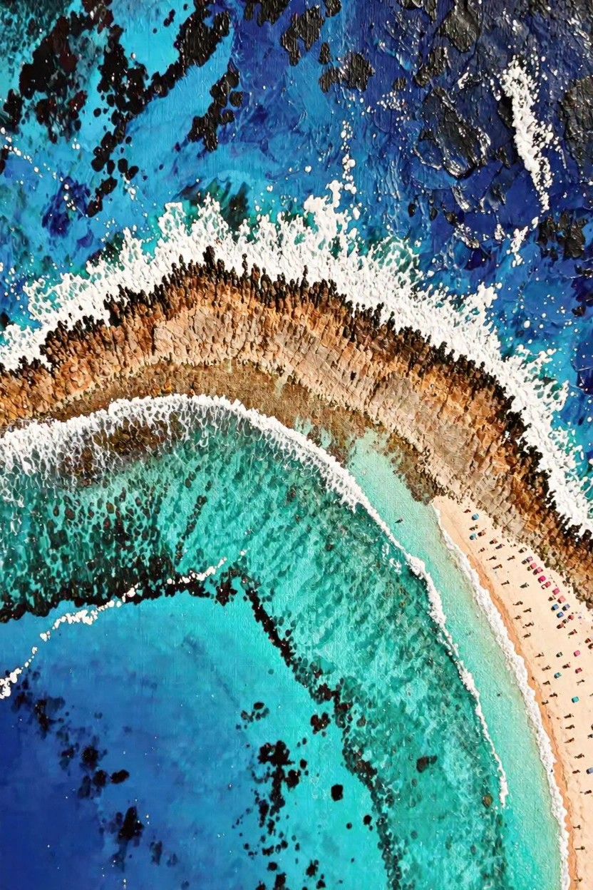 Aerial view painting of turquoise ocean waves crashing on orange-brown rocky cliffs bordering a sandy beach with pink and yellow umbrellas.