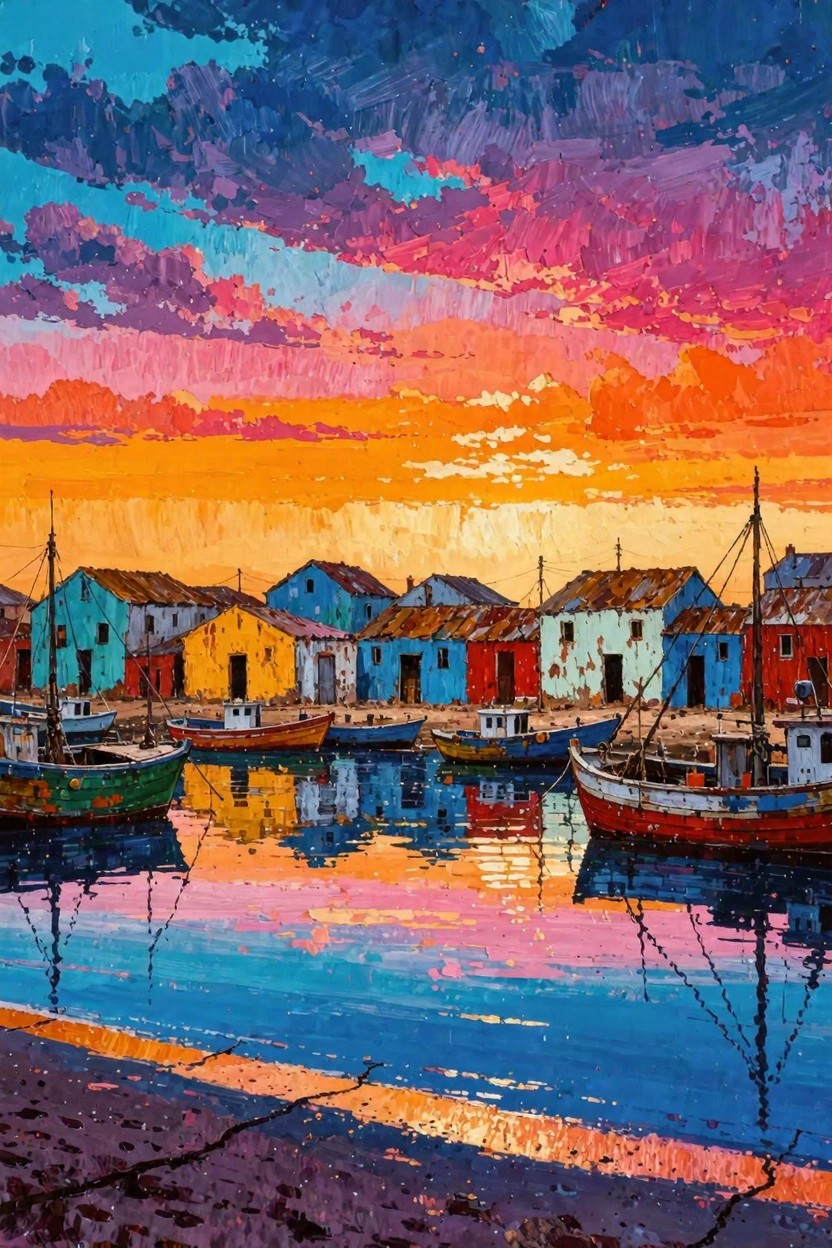 Vibrant impasto-style painting of colorful houses and boats docked in a harbor under a sunset sky with water reflections.