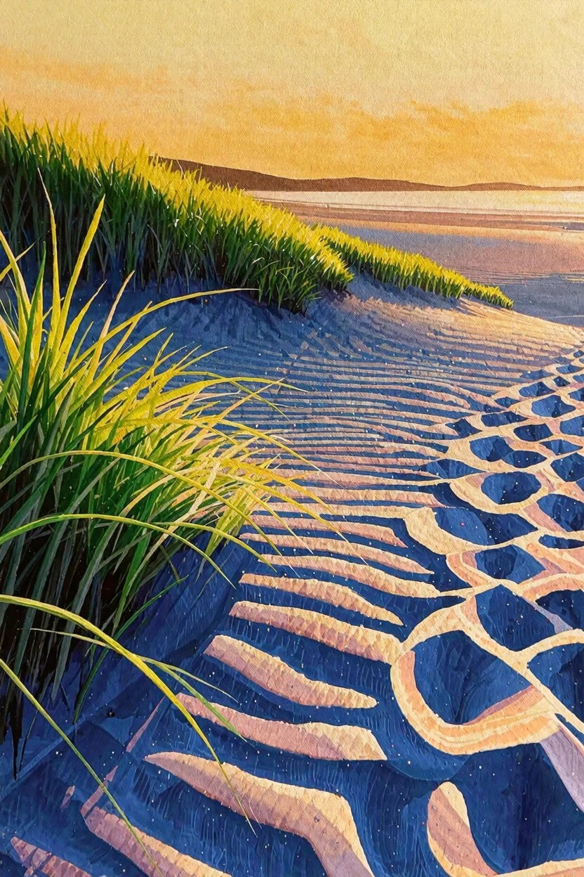 Painting of rippled blue sand dunes with yellow sea grass clumps, footprints trailing to ocean horizon, and orange-yellow sunset sky.