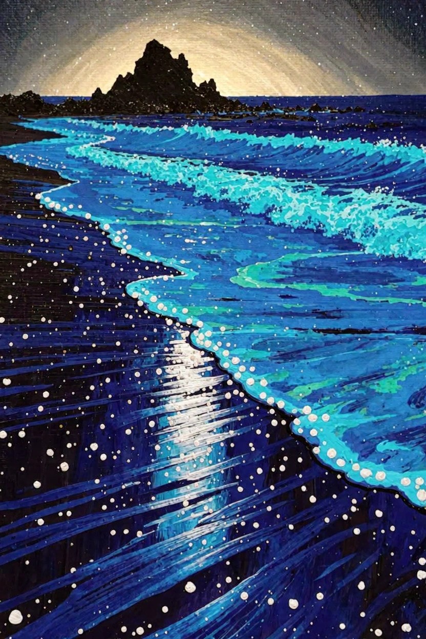Nighttime beach landscape painting showing a silhouetted rocky island against a glowing moon, with crashing waves and starry reflections on dark sand.