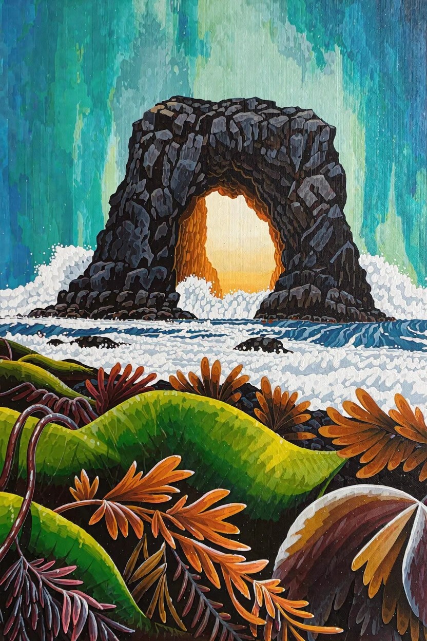 Vibrant acrylic painting of a dark rock sea arch lit from within by yellow light, with white crashing waves at the base, green and orange wavy plants in the foreground, and a teal sky with green aurora glow.