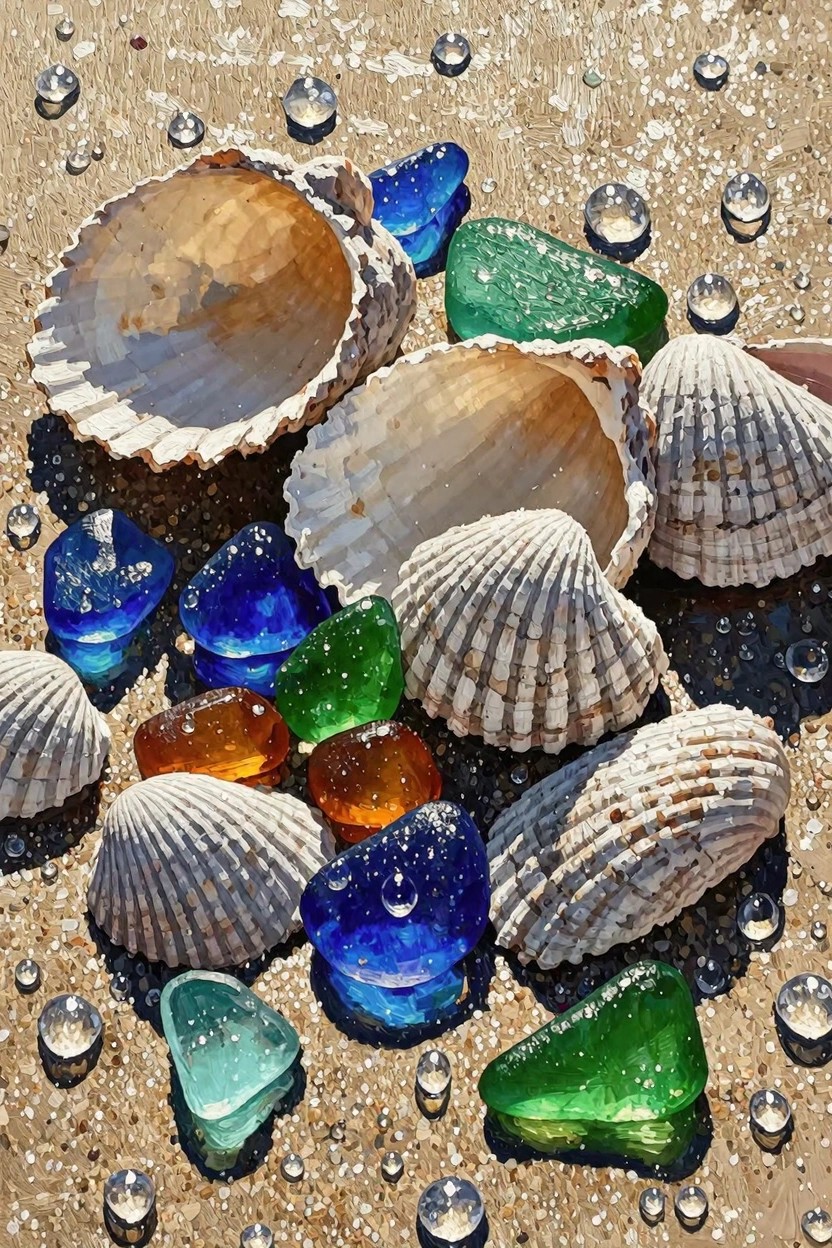 White seashells and colorful sea glass pieces scattered on wet sand with water droplets in a detailed painting.