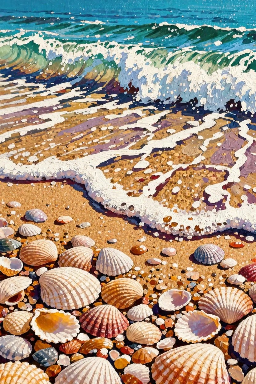 A detailed painting of colorful seashells scattered on wet sand with turquoise waves and white foam crashing nearby.