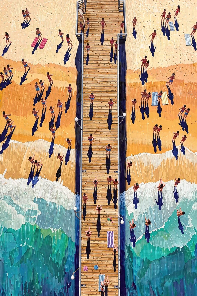 Vertical painting of a pier extending from sandy beach into ocean waves, with many silhouetted people and their long shadows on the pier and surrounding beach.