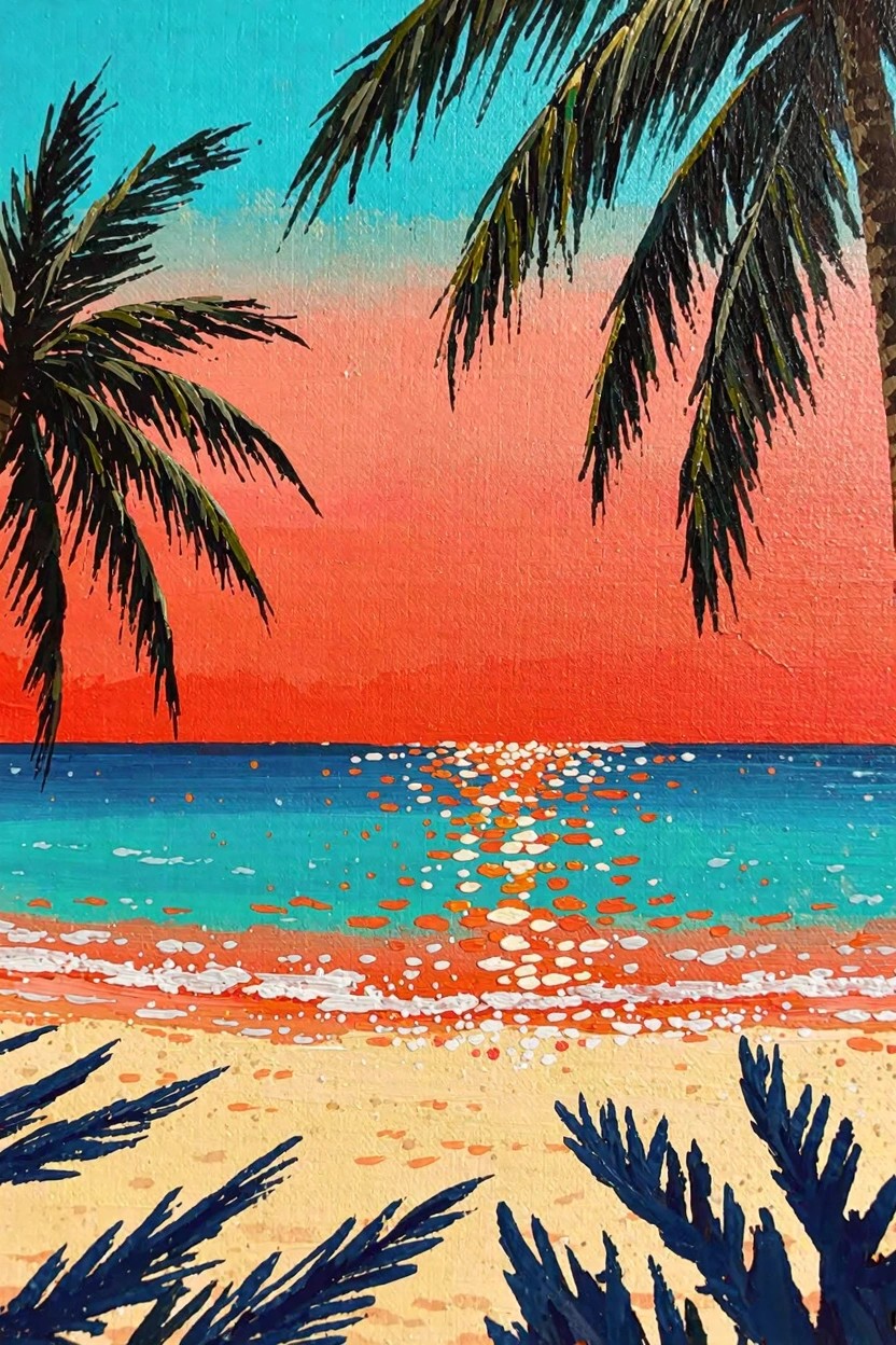 Vertical acrylic painting of palm trees silhouetted against an orange-pink sunset over a turquoise ocean with sandy beach and foreground grasses.