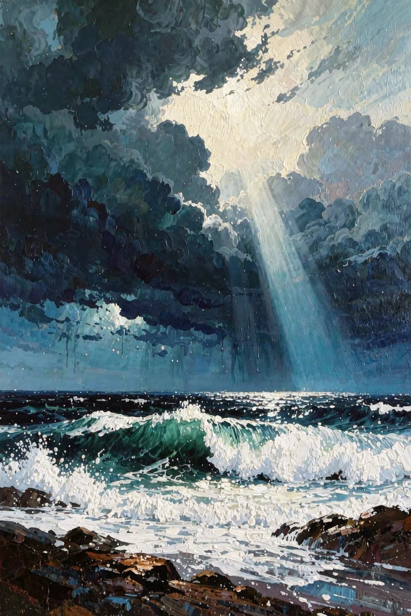 Oil-style painting of dark stormy clouds with golden sun rays shining down onto turquoise ocean waves crashing on rocks.