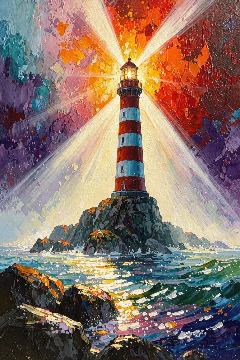 Vibrant acrylic-style painting of a red-and-white striped lighthouse on rocks, emitting multicolored light beams over ocean waves.