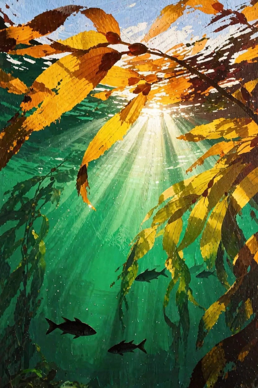 Painting of golden kelp swaying underwater in green water with sun rays beaming down and small black fish swimming amid the fronds.