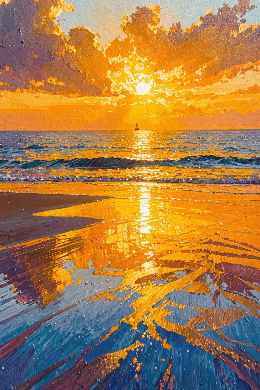 Acrylic painting of a vibrant orange sunset over the ocean with a sailboat on the horizon and colorful reflections on waves and wet sand.