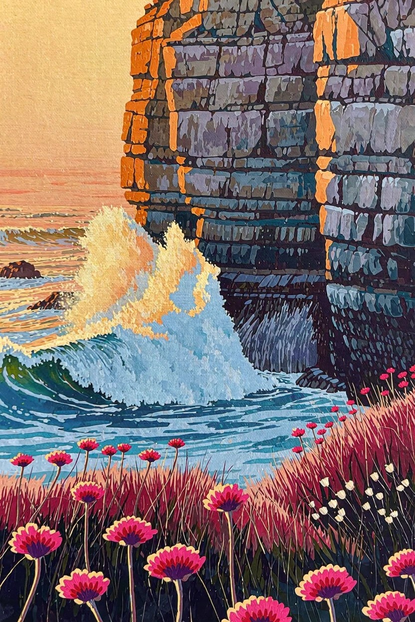 Sunset-lit cliffs tower over crashing waves with pink flowers in the foreground.