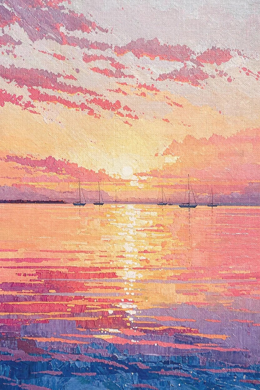 Acrylic painting of a pink-orange sunset over water with sailboats silhouetted on the horizon and colorful reflections below.