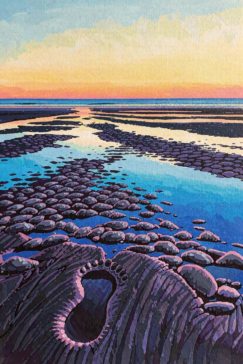Vibrant painting of sunset over tidal flats with reflective blue water channels among dark pebbles and a large footprint in wet sand.