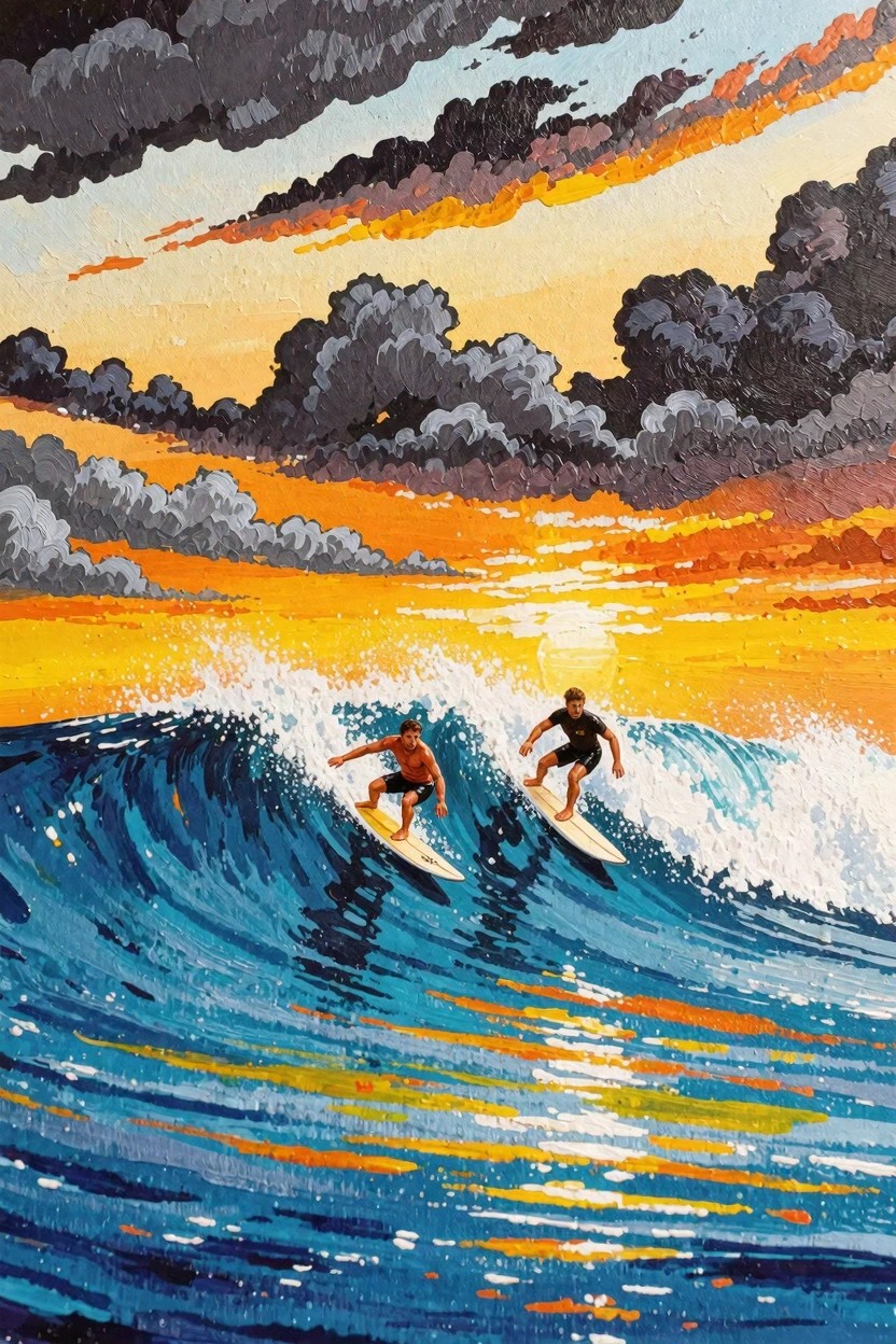 Two surfers ride curling blue waves toward a glowing orange sunset with dark stormy clouds above.