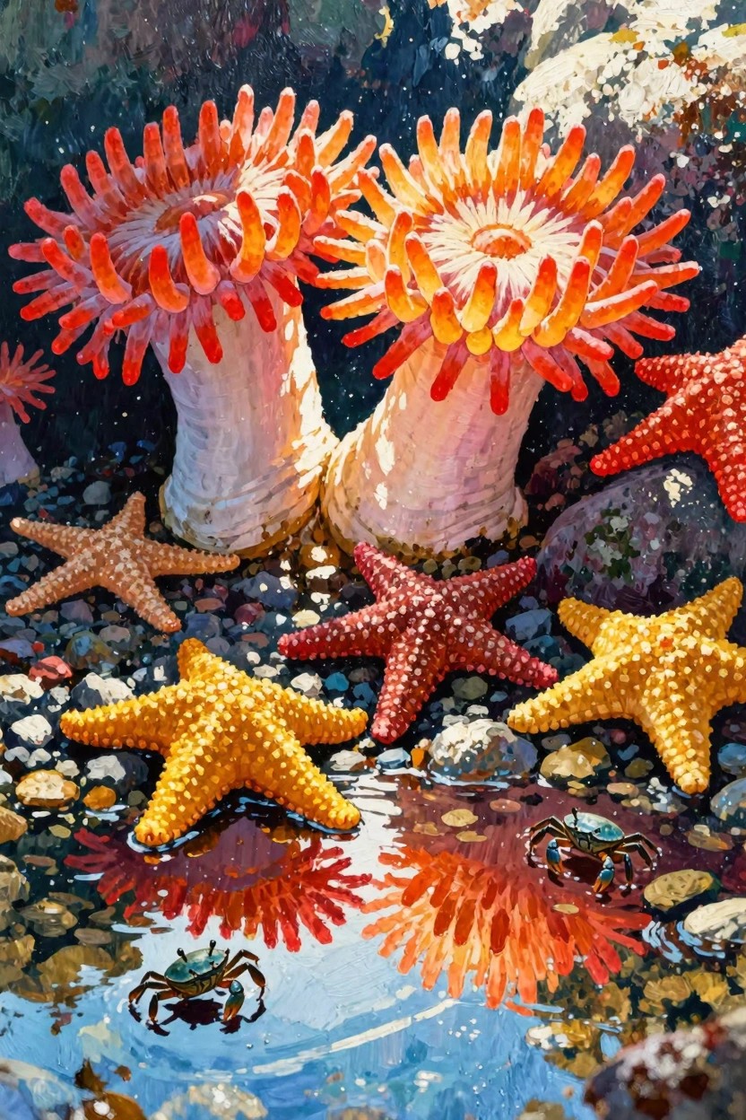 Detailed painting of two tall orange sea anemones with white stalks surrounded by colorful starfish on gray rocks near a blue reflecting puddle with a small crab.
