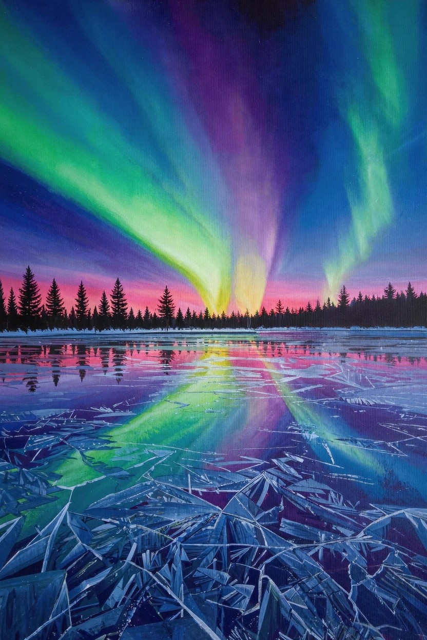 Vibrant acrylic painting of northern lights over silhouetted pine trees reflected in a frozen lake with cracked ice.