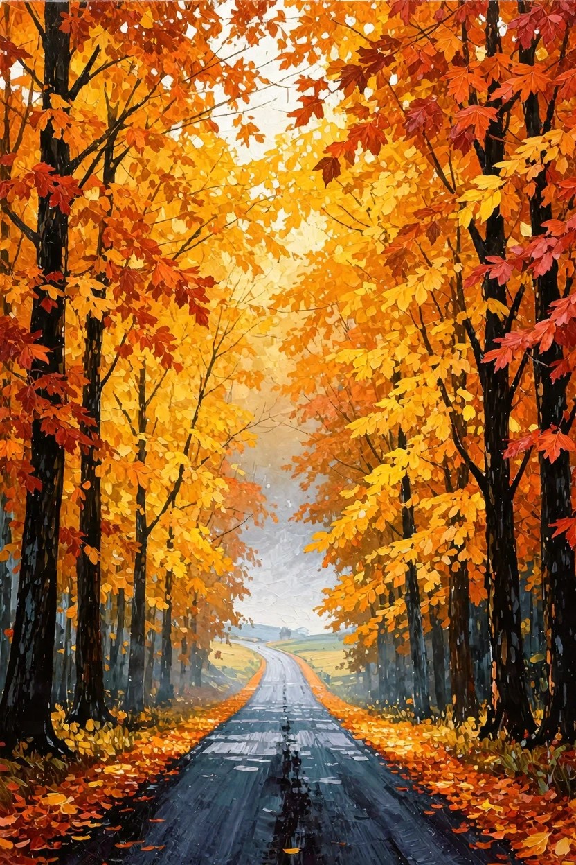 A realistic acrylic painting of a wet rural road lined on both sides by tall trees with vibrant orange and yellow autumn leaves forming an archway, with mist and a field in the distance.