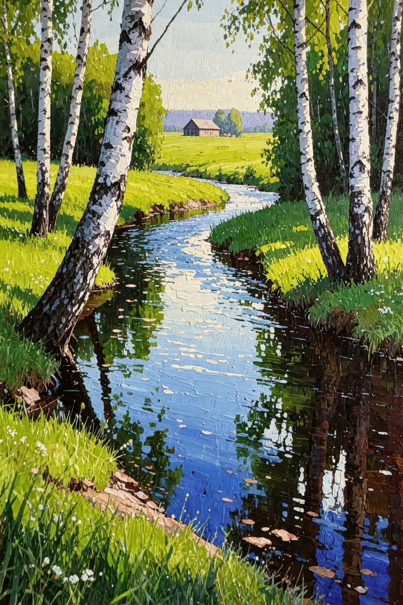 Acrylic landscape painting of white birch trees along a winding blue stream in green meadows with a distant red-roofed house under a sunny sky.