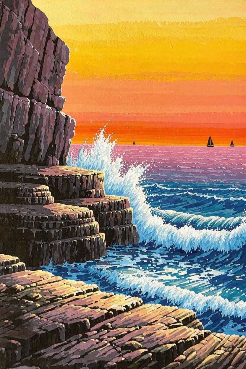 Vibrant painting of red-orange cliffs with white waves crashing below a yellow-to-orange sunset sky and two distant sailboats on blue water.
