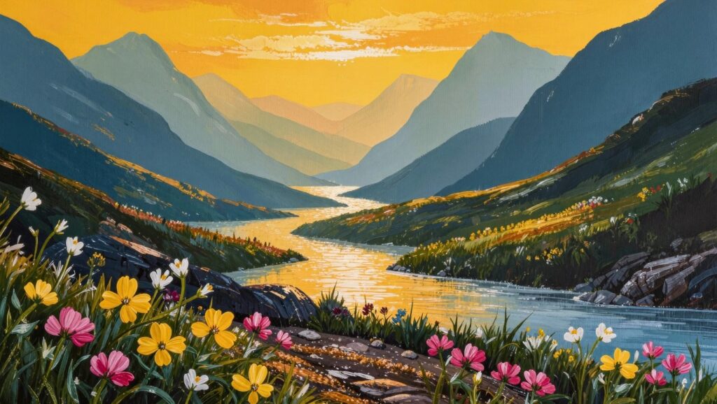 20 Beautiful Landscape Acrylic Painting Ideas For A Peaceful Escape Vertical acrylic landscape of yellow-orange sunset over blue mountains with a winding river in the valley and white daisies in the foreground.