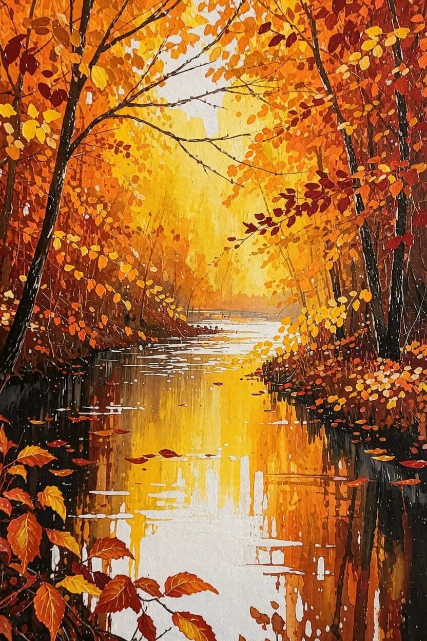Vibrant painting of a winding orange-gold autumn stream bordered by trees with sunlight and leaf reflections in the water.